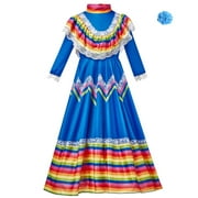 Girl Outfits Kids Child Mexican Traditional Dress National Style Long Sleeve Dance Dress With Headdress Flower Birthday Party Dress Fashion Playsuit Blue 6-8 Years